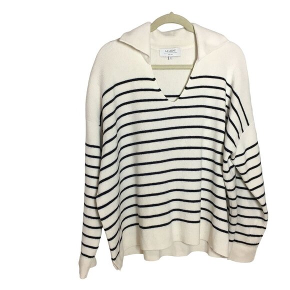 La Ligne XL Sweater Striped Merino Wool Ivory Black Nautical Cotton Cashmere - Picture 2 of 5